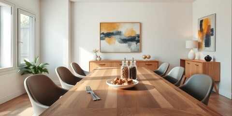 Sunlit Dining Room with Wooden Table and Modern Chairs