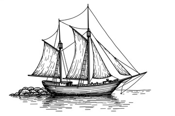 Obraz premium Sailboat Docked in Harbor in Intricate Woodcut-Style Illustration