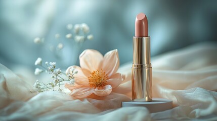 A small pink lipstick is placed on a white cloth next to a flower