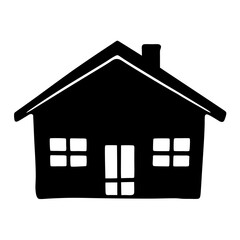 Simple Black Silhouette of a House with Windows, Door, and Chimney