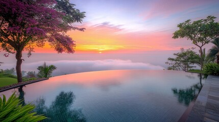 Serene pool view. Sky meets clouds at sunset