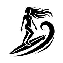 Surfer Girl Silhouette Riding a Wave Vector Illustration