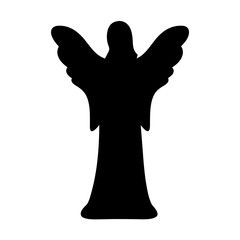A silhouetted angel with wings spread against a plain white background