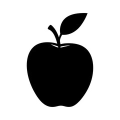Simple stylized black apple silhouette with stem and leaf on white background