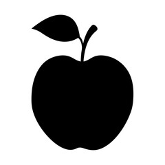 Solid black silhouette of a crisp apple with a single leaf