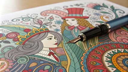 Naklejka premium Fountain Pen on Alice-inspired Adult Coloring Book, Adult coloring, Art therapy
