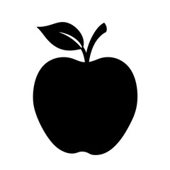 A simple minimalist black silhouette of a ripe apple with a leaf