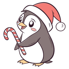 A Penguin wearing a Santa hat and holding a candy stick 