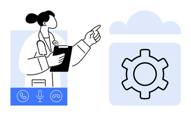 Woman doctor with clipboard pointing at cloud and gear icons representing remote health tools. Ideal for telemedicine, healthcare innovation, digital solutions, remote consultation, cloud storage