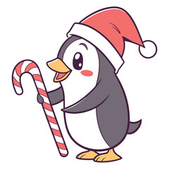 A Penguin wearing a Santa hat and holding a candy stick 
