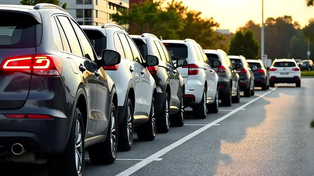 Automobile row view from behind, drivers of cars are stuck in a traffic jam in the morning before the start of the working day