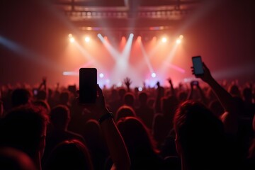 White-screen phone mockup raised in concert crowd with stage lights and live music energy