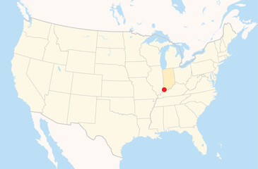 Location Map of the city Evansville in Indiana, USA. The state is marked orange and the city is highlighted with a red dot. No labels at all.