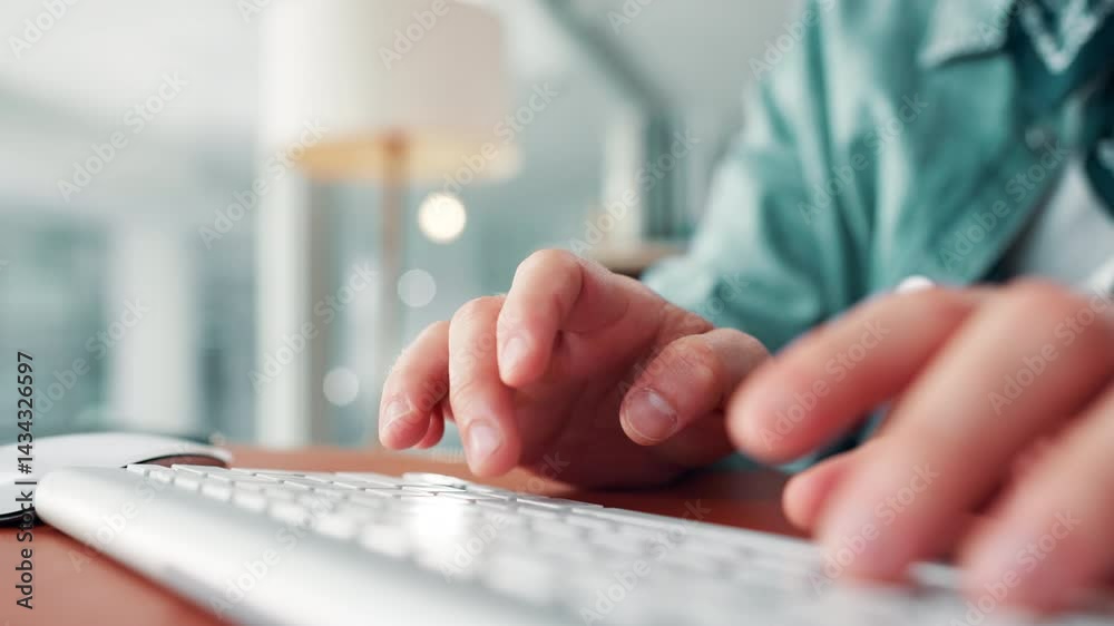 Aufkleber Hands, keyboard and typing at office, closeup and creativity for newsletter with time management at company. Person, writer and editing process with computer, article or click at startup media agency