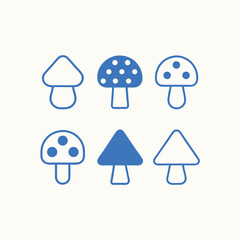 Set of Six Simple Blue Mushroom Icons