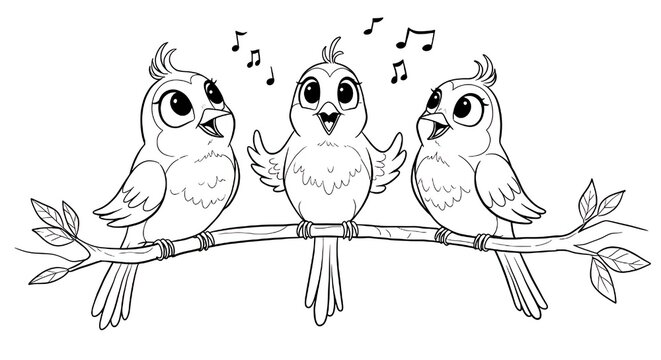 Easy coloring pages for kids, vector, three birds singing on a branch