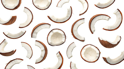 Curled shavings of fresh coconut on a transparent background