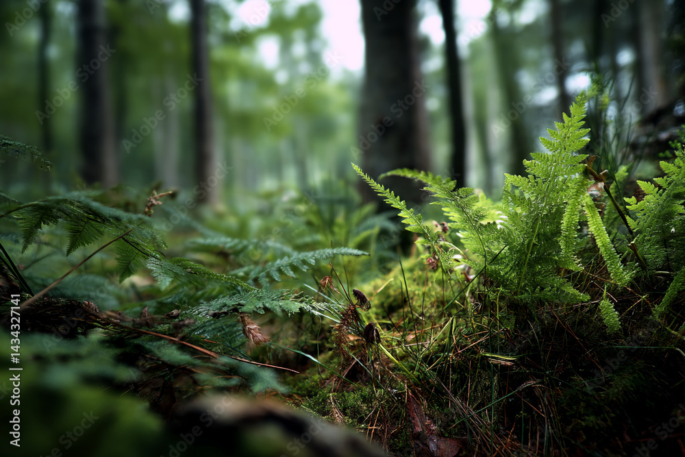 Poster close-up of lush green ferns and moss in a forest setting, creating a natural and tranquil atmospher