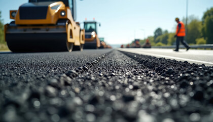 Highway construction site with asphalt paving using heavy machinery on sunny day. Workers, heavy equipment building road, creating infrastructure, engineering, progress, teamwork.