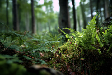 Close-up of lush green ferns and moss in a forest setting, creating a natural and tranquil atmosphere, representing serenity and the beauty of nature