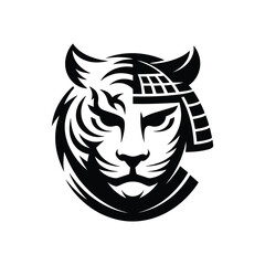 Tiger Samurai Head – Fierce Warrior Animal Logo in Bold Black and White Style for Sports, Gaming, and Branding