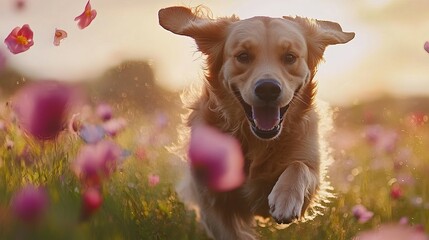 A joyful golden retriever running through a field of blooming flowers, exuding happiness and energy in the warm sunlight.