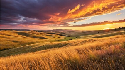 Obraz premium Golden Fields Sunset Rolling hills, warm light and vibrant sky,Landscape ,Nature