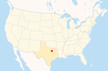 Location Map of the city DeSoto in Texas, USA. The state is marked orange and the city is highlighted with a red dot. No labels at all.