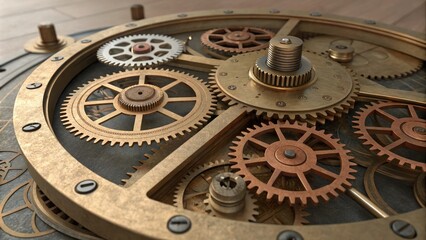 Obraz premium Golden Gears Mechanism Close-up of metallic cogwheels, Steampunk concept, gears, machinery