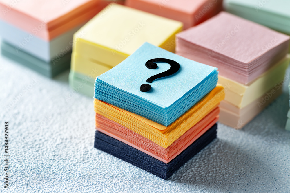 Poster Stack of colorful paper notes, top one displays a question mark, symbolizing uncertainty, questions, or choices, suitable for problem-solving or decision-making concepts