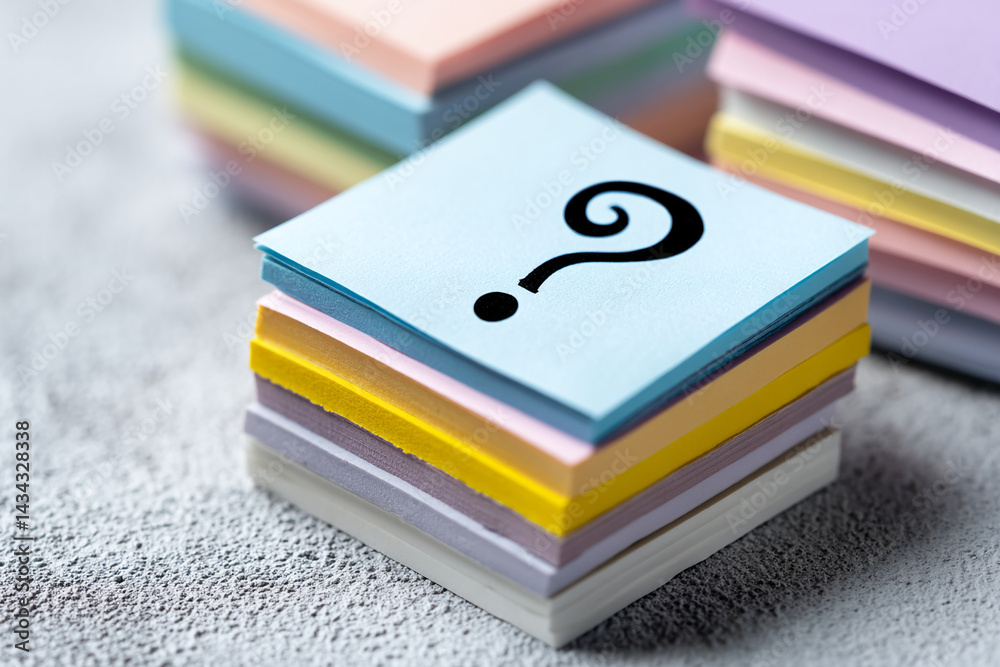 Poster stack of colorful sticky notes, top one shows question mark, suggesting uncertainty or seeking answe