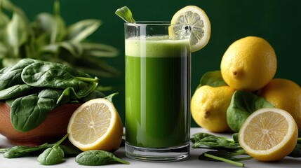 Refreshing spinach juice with lemon slice on a white table against a vibrant green background