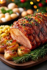 Vibrant Easter dinner featuring ham, sides, and dessert in a festive setting