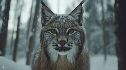 Obraz premium A majestic lynx with snowy fur stands amidst a winter forest, showcasing its striking features and serene confidence.