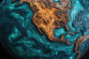 Fototapeta premium A textured world with landmass glowing warmly, surrounded by blue and green oceanic swirls