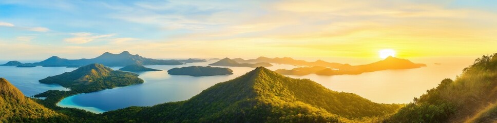 Panoramic view of a colorful sunset over a calm sea or lake,created by ai