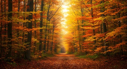 A beautiful, colorful path through an autumn forest, bathed in sunlight.