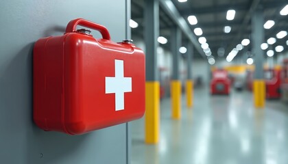 Red first aid kit with white cross hangs wall in factory. Brightly lit industrial interior safety. Emergency preparedness, injury prevention. Workplace health, assistance, medical help, treatment.