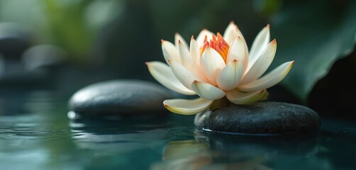 Calm lotus flower rests on zen rock in water. Tranquil spa scene with balance, peace, harmony. Wellness, relaxation theme for meditation, health care.