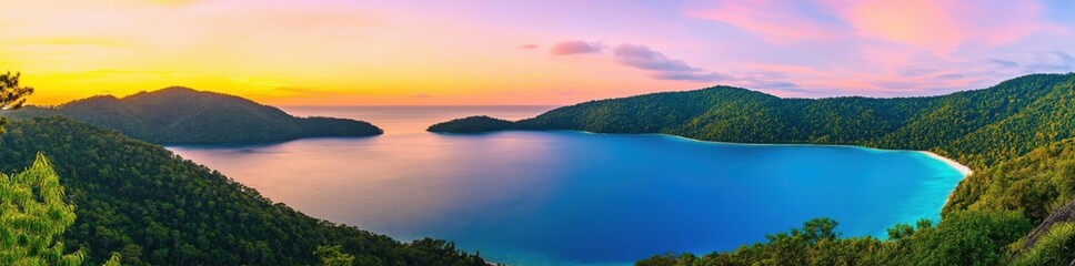 Fototapeta premium Panoramic view of a colorful sunset over a calm sea or lake,created by ai