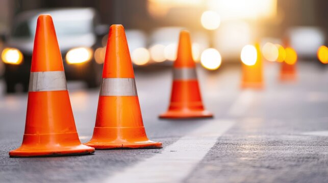 A close-up of orange traffic cones on a street, signaling construction or roadwork, with a blurred background of vehicles and soft lighting.