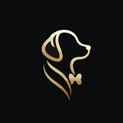 Naklejka premium Elegant golden dog silhouette logo featuring a bow tie, set against a black background, with smooth, flowing lines creating a sophisticated and luxurious design.