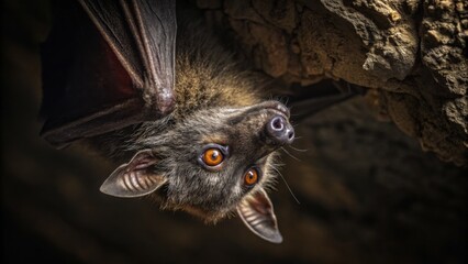 Fototapeta premium Hanging Bat, close-up, vibrant orange eyes, perched on rocky cave, wildlife, nocturnal