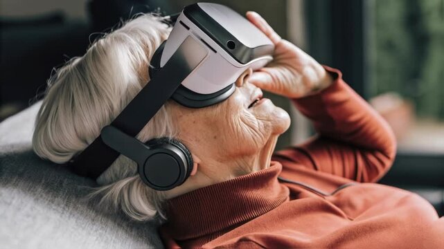 A serene closeup of an elderly womans face her features relaxed and peaceful with the VR headset enhancing her meditation experience showcasing a moment of introspection and mental