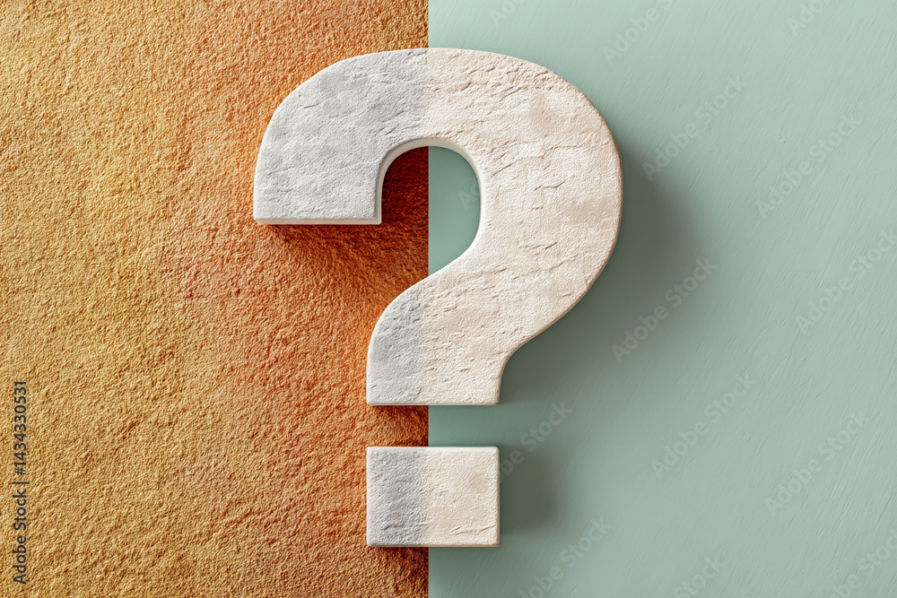 Poster off-white question mark on textured background, half orange, half green, showcasing uncertainty or q