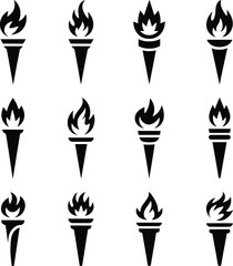 Torch Icon Set, Flaming Torch Silhouettes Vector Collection