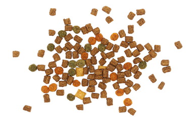 pile dry colorful cat food isolated on white background,top view