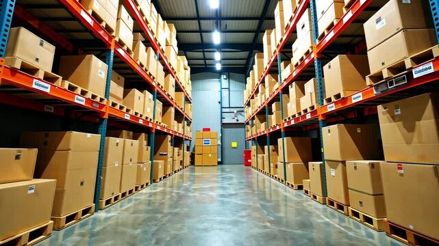 Modern warehouse with cardboard boxes. Storage warehouse shelves background. Parcel delivery service, storage room or industrial warehouse