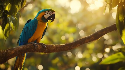 A colorful blue and yellow macaw sits on a branch, surrounded by lush green foliage and warm sunlight.