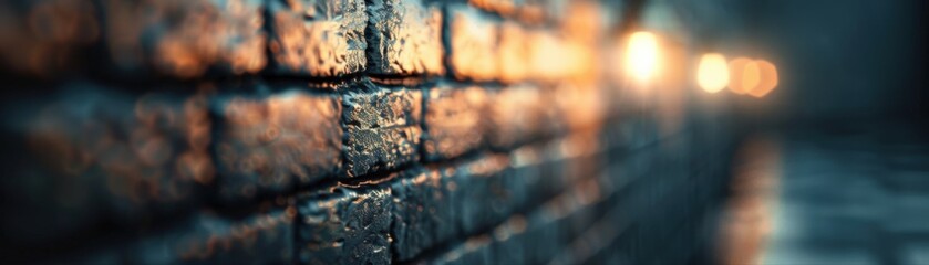 A close-up view of a textured brick wall with soft, warm lighting illuminating the scene, creating a moody and atmospheric effect.